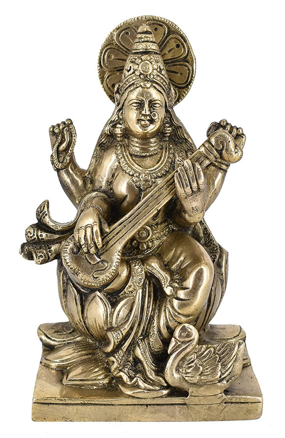 White Whale Brass Goddess Saraswati Sitting On Kamal Statue Idol Home Decor Figurine