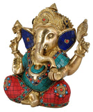 White Whale Brass Mangalkari Ganesha Statue With Multicolor Stone Work God Ganesha Brass Sculpture