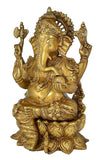 White Whale Brass Lord Ganesha Sitting On Lotus Statue Idol Home Decor Figurine (12 Inches)