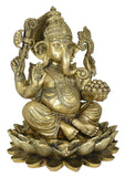 White Whale Brass Lord Ganesha Sitting On Lotus Statue Idol Home Decor Figurine (12 Inches)