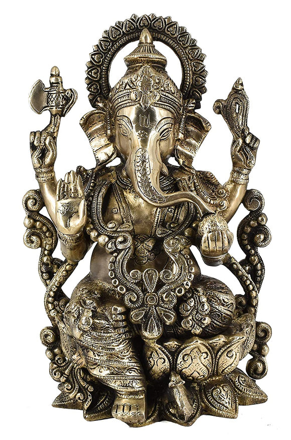 White Whale Brass Lord Ganesha Sitting On Lotus Statue Idol Home Decor Figurine (13 Inches)