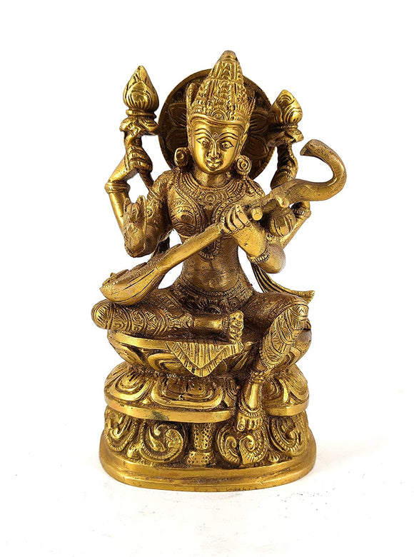 White Whale Maa Saraswati Brass Statue Religious Goddess Sculpture Idol