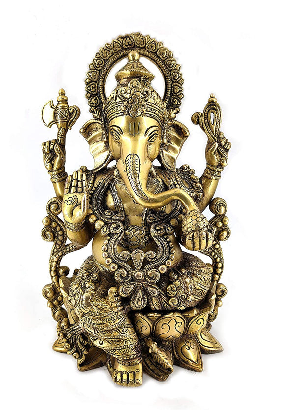 White Whale Lord Ganesha Sitting on Kamal Brass Statue Religious Strength God Sculpture Idol - Large