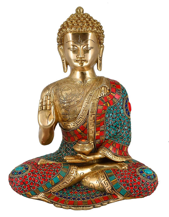 White Whale Lord Buddha Brass Statue With Multicolor Stone Work  Buddhism Shakyamuni Idol feng Shui Home Decorative Showpiece