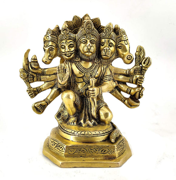 White Whale Lord Hanuman in Panchmukhi Avatar Brass Statue Religious Strength God Sculpture Idol