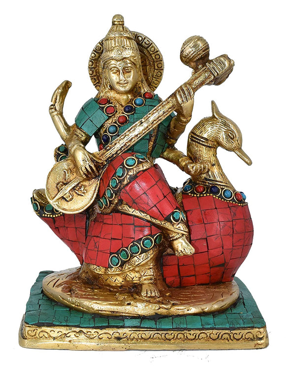 White Whale Maa Saraswati Brass Statue Religious Goddess Sculpture Idol Home Décor