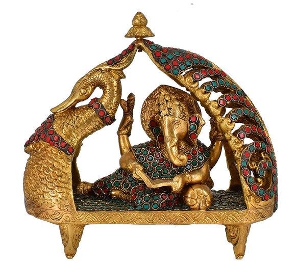 White Whale Lord Ganesha Resting on Royal Shofa Brass Statue Religious Strength God Sculpture Idol