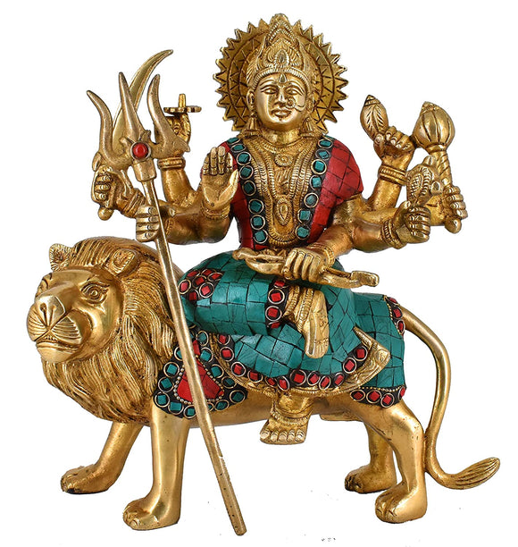 White Whale Brass Maa Durga/Ma Sherwali Idol Sitting On Lion Murti With Multicolor Stone Work Religious Strength God Sculpture Idol