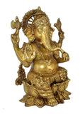 White Whale Brass Lord Ganesha Sitting On Lotus Statue Idol Home Decor Figurine (12 Inches)