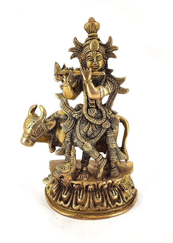 White Whale Lord Krishna With Cow Brass Statue Religious Strength God Sculpture Idol