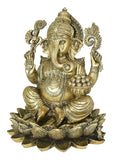 White Whale Brass Lord Ganesha Sitting On Lotus Statue Idol Home Decor Figurine (12 Inches)