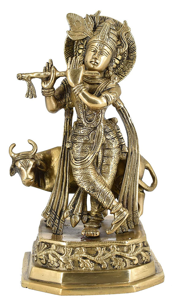 White Whale Lord Krishna with Cow Brass Statue Religious Strength God Sculpture Idol Home Decor Figurine