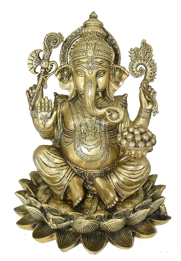 White Whale Brass Lord Ganesha Sitting On Lotus Statue Idol Home Decor Figurine (12 Inches)