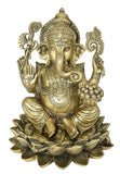 White Whale Brass Lord Ganesha Sitting On Lotus Statue Idol Home Decor Figurine (12 Inches)