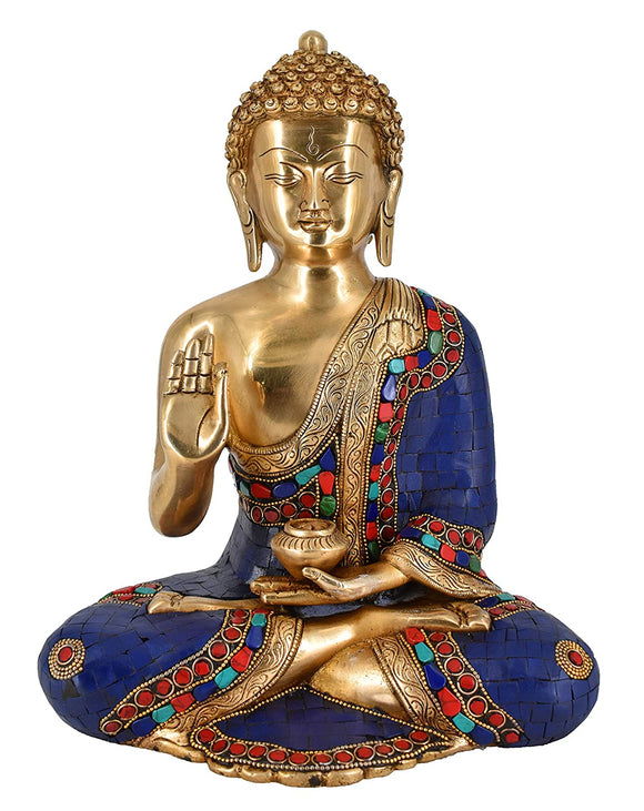 White Whale Lord Buddha Brass Statue With Multicolor Stone Work  Buddhism Shakyamuni Idol feng Shui Home Decorative Showpiece