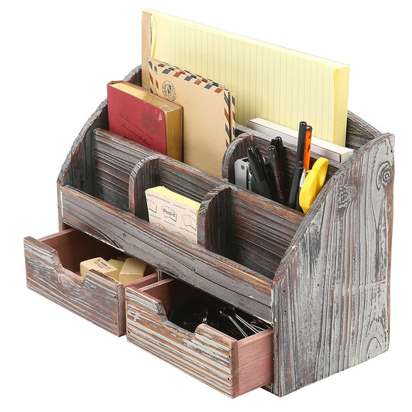 White Whale Wooden Desk Organizer, 6 Compartment 2 Drawer Supplies Rack