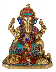 White Whale Large  Lord Ganesh Murti Ganesha Idol Ganpati Brass Statue With Multicolor Stone Work for Home Decoration Showpiece