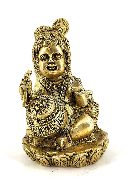 White Whale Lord Baby Krishna-Makhan Bal Krishna Brass Statue Religious Strength God Sculpture Idol
