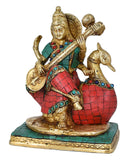 White Whale Maa Saraswati Brass Statue Religious Goddess Sculpture Idol Home Décor