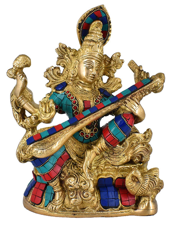 White Whale Maa Saraswati Brass Statue With Multicolor Stone Work Religious Goddess Sculpture Idol Home Décor
