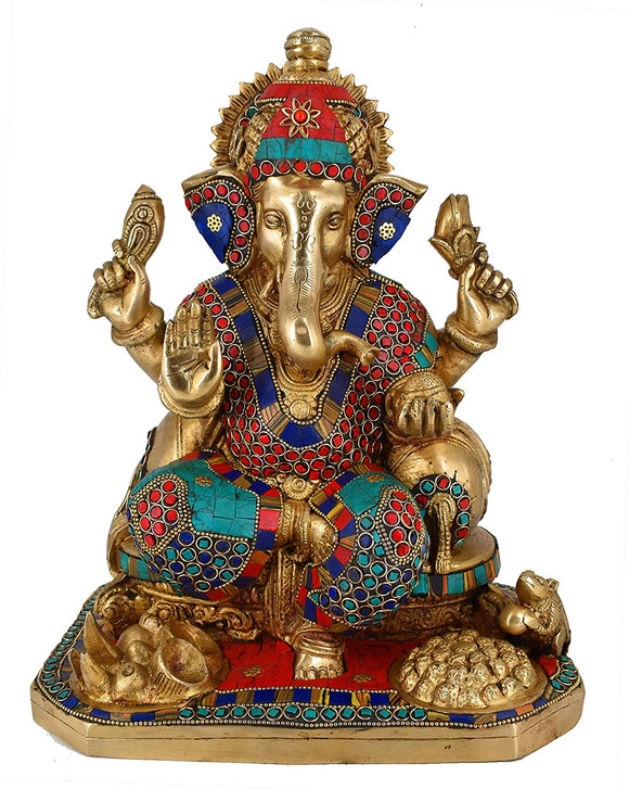 White Whale Large  Lord Ganesh Murti Ganesha Idol Ganpati Brass Statue With Multicolor Stone Work for Home Decoration Showpiece