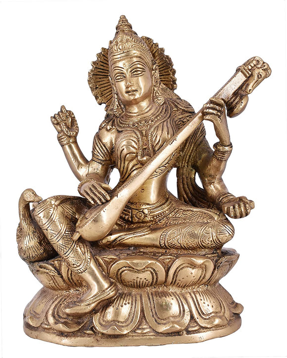 White Whale Maa Saraswati Brass Statue Religious Goddess Sculpture Idol Home Décor