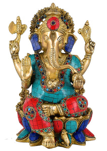 White Whale Brass Lord Ganesha Sitting On Lotus Statue Idol Home Decor Figurine (12 Inches)