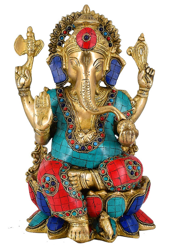 White Whale Brass Lord Ganesha Sitting On Lotus Statue Idol Home Decor Figurine (12 Inches)