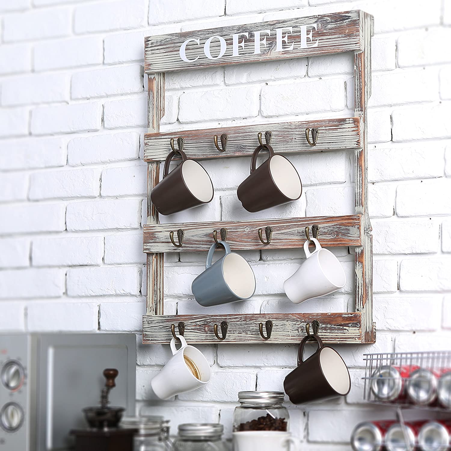 White whale Wall Mounted Wooded Coffee Mug Holder Kitchen Storage Rack