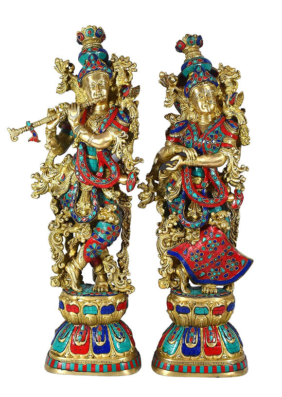 Whitewhale Brass Lord Radha Krishna Couple Bhagwan Large Statue Sculpture Turquoise Murti for Home Decor Pooja Temple - 29 Inch
