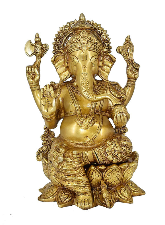 White Whale Brass Lord Ganesha Sitting On Lotus Statue Idol Home Decor Figurine (12 Inches)