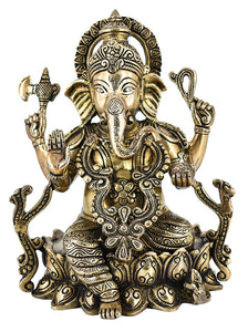 White Whale Brass Lord Ganesha Sitting On Lotus Statue Idol Home Decor Figurine (10 Inches)