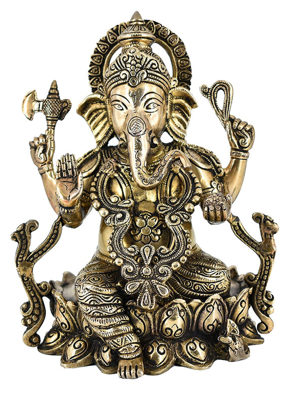 White Whale Brass Lord Ganesha Sitting On Lotus Statue Idol Home Decor Figurine (10 Inches)