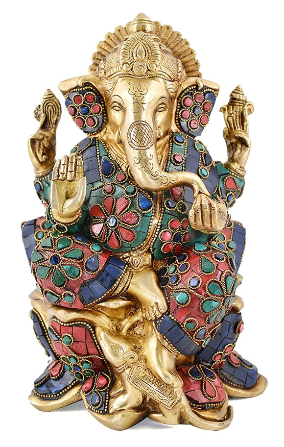 White Whale Brass Lord Ganesha  Sitting On Lotus Statue Idol Home Decor Figurine