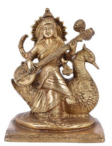White Whale Maa Saraswati Brass Statue Religious Goddess Sculpture Idol Home Décor