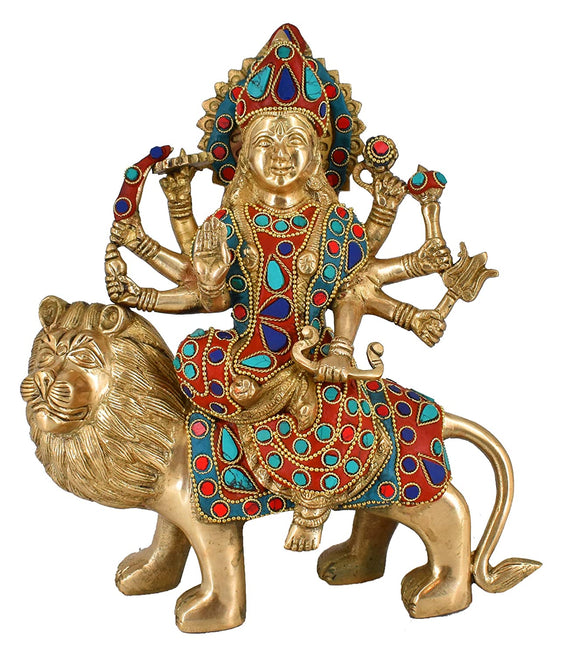 White Whale Brass Maa Durga/Ma Sherwali Idol Sitting On Lion Murti Religious Strength God Sculpture Idol