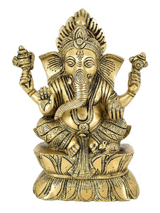 White Whale Brass Lord Ganesha  Left Side Trunk  Sitting On Lotus Statue Idol Home Decor Figurine