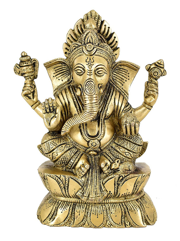 White Whale Brass Lord Ganesha  Left Side Trunk  Sitting On Lotus Statue Idol Home Decor Figurine