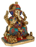 White Whale Large  Lord Ganesh Murti Ganesha Idol Ganpati Brass Statue With Multicolor Stone Work for Home Decoration Showpiece