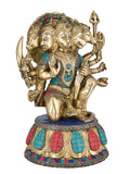 White Whale Large Unique Five Face Panchmukhi Hanuman Brass Statue Inlay Gemstone Hand Work Big Hindu God Lord Idol Figure