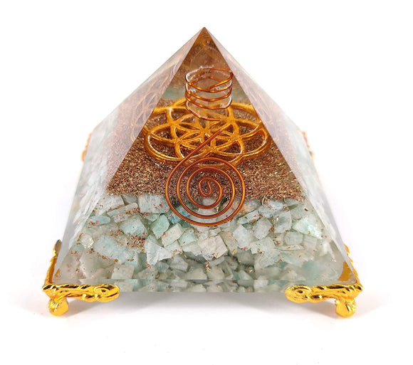 White Whale Amazonite Orgone Pyramid Energy Generator Reiki Healing Crystal Chakra With Gold Stand Feng Shui Pyramid