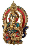 White Whale Lord Ganesh Murti Ganesha Idol Ganpati Brass Statue With Multicolor Stone Work for Home Decoration Showpiece