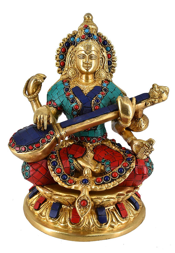 White Whale Maa Saraswati Brass Statue Religious Goddess Sculpture Idol Home Décor