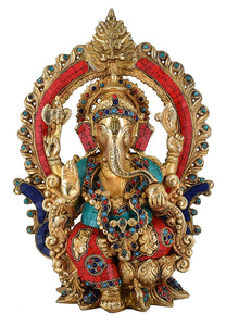 White Whale Lord Ganesh Murti Ganesha Idol Ganpati Brass Statue With Multicolor Stone Work for Home Decoration Showpiece