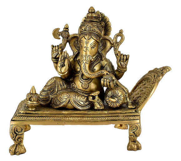 White Whale Lord Ganesha Resting on Royal Shofa Brass Statue Religious Strength God Sculpture Idol