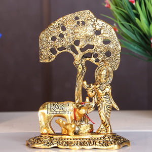White Whale Kamdhenu Cow with Krishna Standing Under Tree Plying Flute Metal Statue (12 X 8 X 17 cm, Gold)