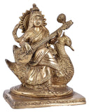 White Whale Maa Saraswati Brass Statue Religious Goddess Sculpture Idol Home Décor