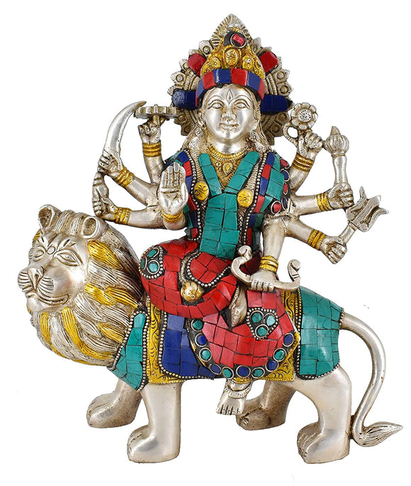 White Whale Brass Maa Durga/Ma Sherwali Idol Sitting On Lion With Multicolor Stone Work Murti Religious Strength God Sculpture Idol