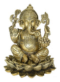 White Whale Brass Lord Ganesha Sitting On Lotus Statue Idol Home Decor Figurine (12 Inches)