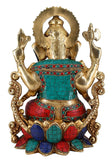 White Whale Lord Ganesh Murti Ganesha Idol Ganpati Brass Statue With Multicolor Stone Work for Home Decoration Showpiece